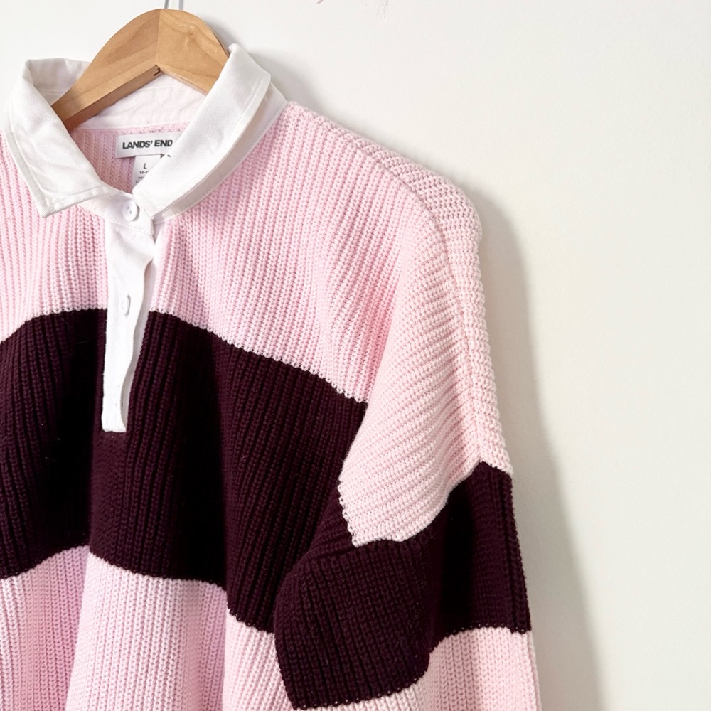 Lands’ End Rugby Stripe Sweater Pink Burgundy Size L - Picture 2 of 7